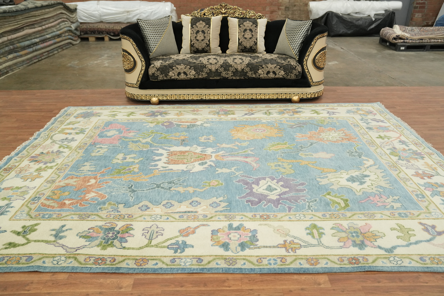 Traditional All-Over Pattern Light Blue and Pink Oushak Wool Rug 9x12