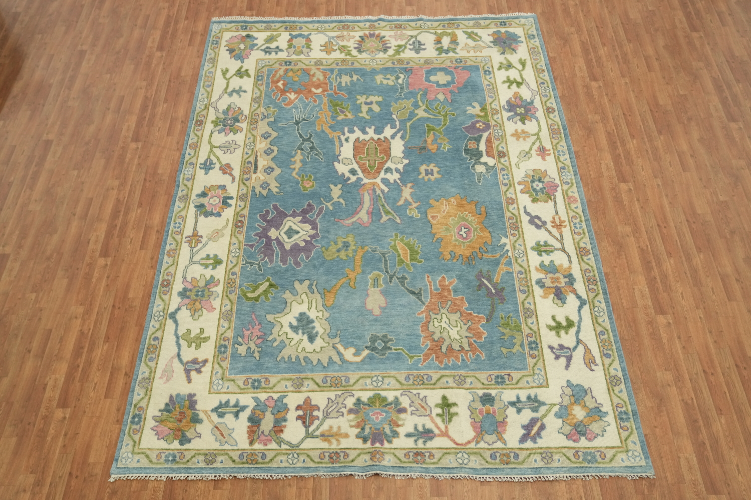 Traditional All-Over Pattern Light Blue and Pink Oushak Wool Rug 9x12