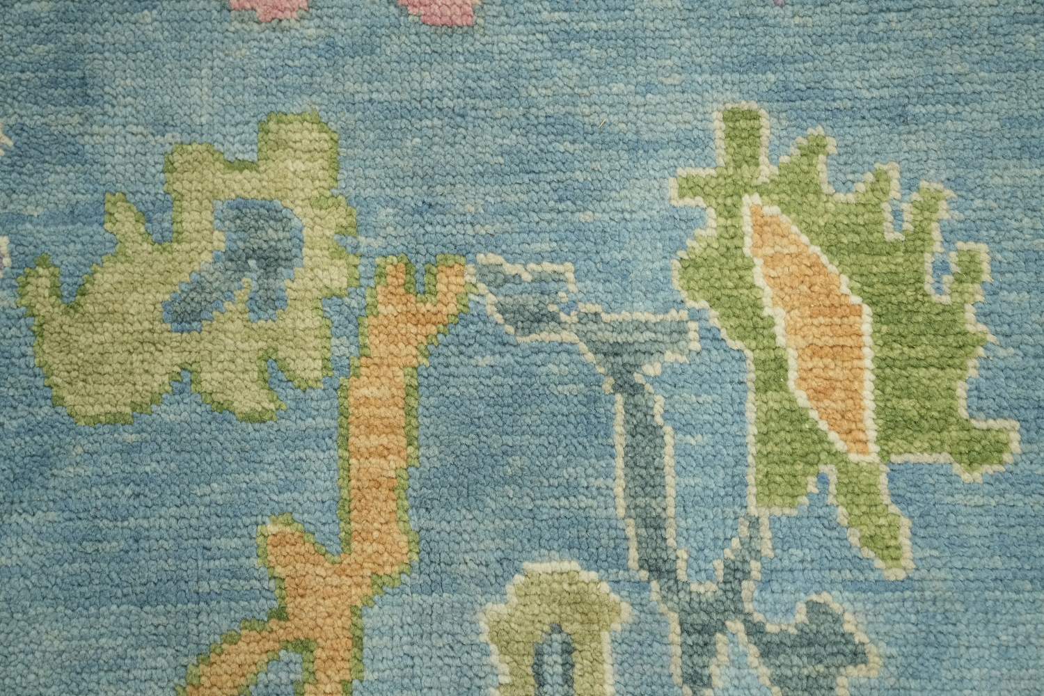 Traditional All-Over Pattern Light Blue and Pink Oushak Wool Rug 9x12