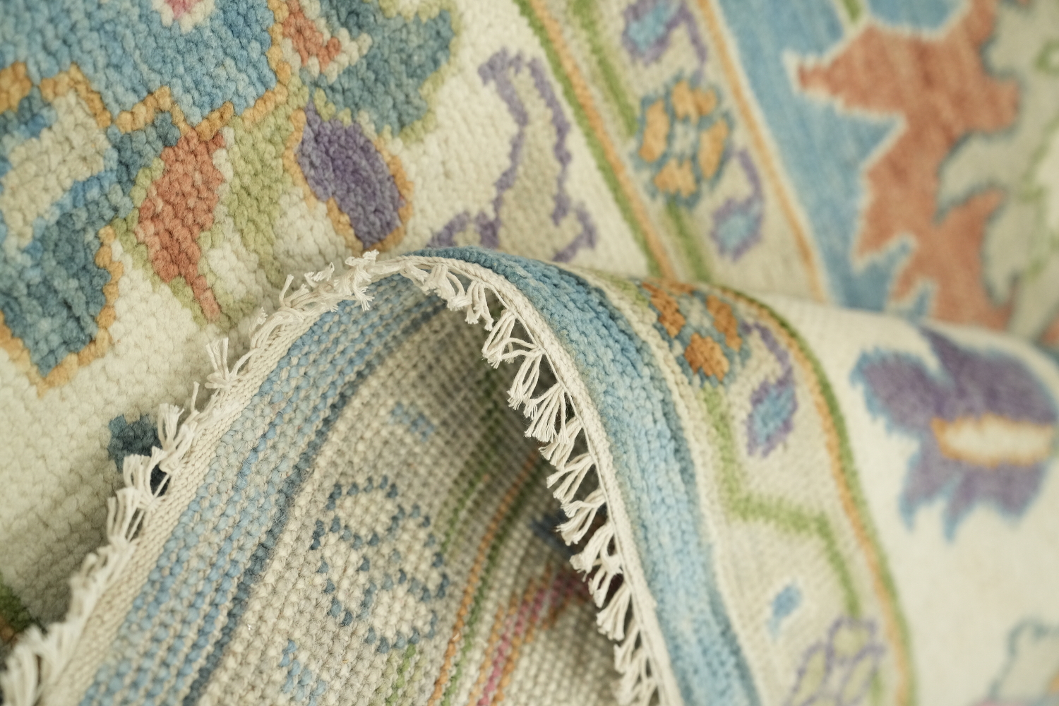 Traditional All-Over Pattern Light Blue and Pink Oushak Wool Rug 9x12
