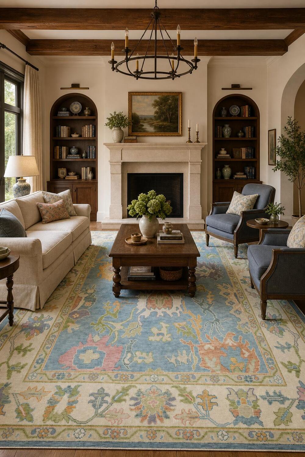 Traditional All-Over Pattern Light Blue and Pink Oushak Wool Rug 9x12