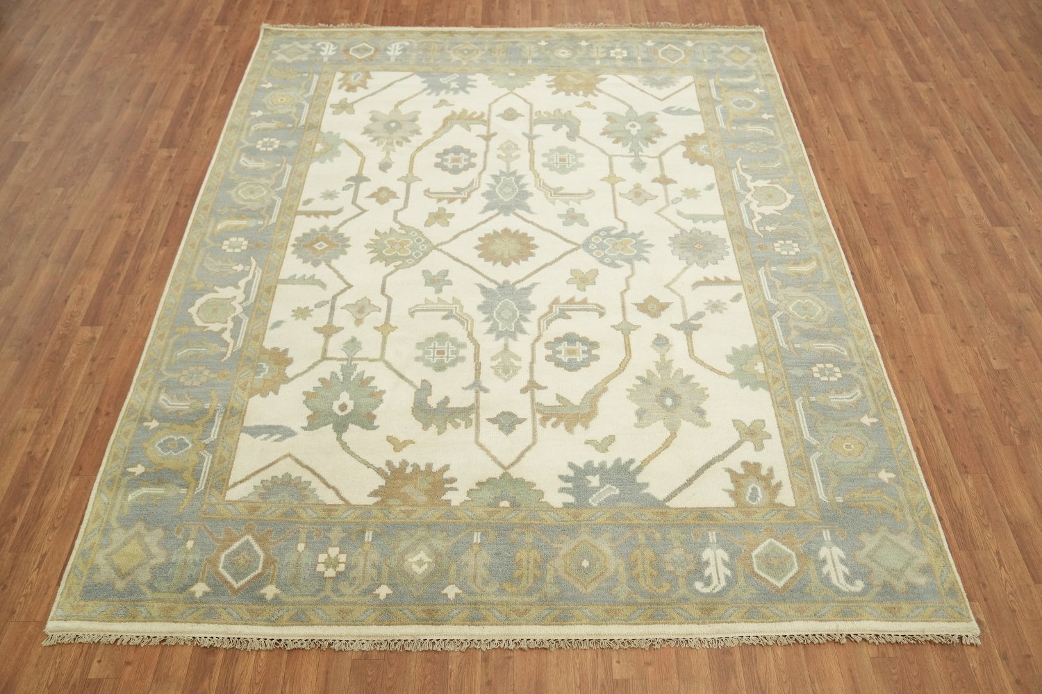 Cream and Blue Traditional Oushak Hand Made Area Rug 8x10