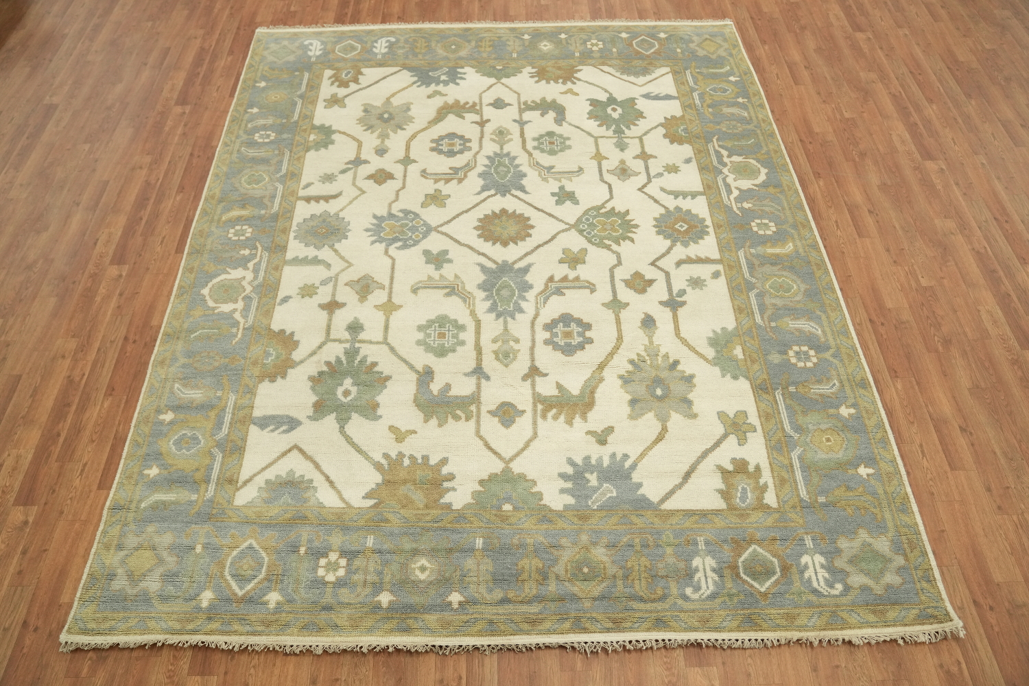 Cream and Blue Traditional Oushak Hand Made Area Rug 8x10