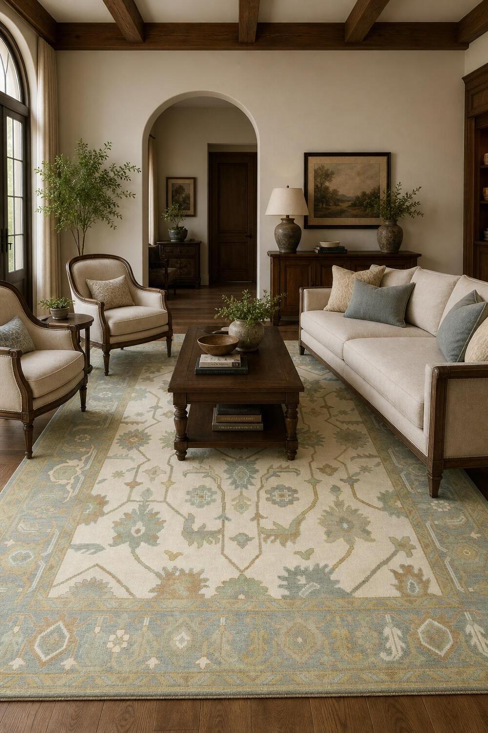 Cream and Blue Traditional Oushak Hand Made Area Rug 8x10