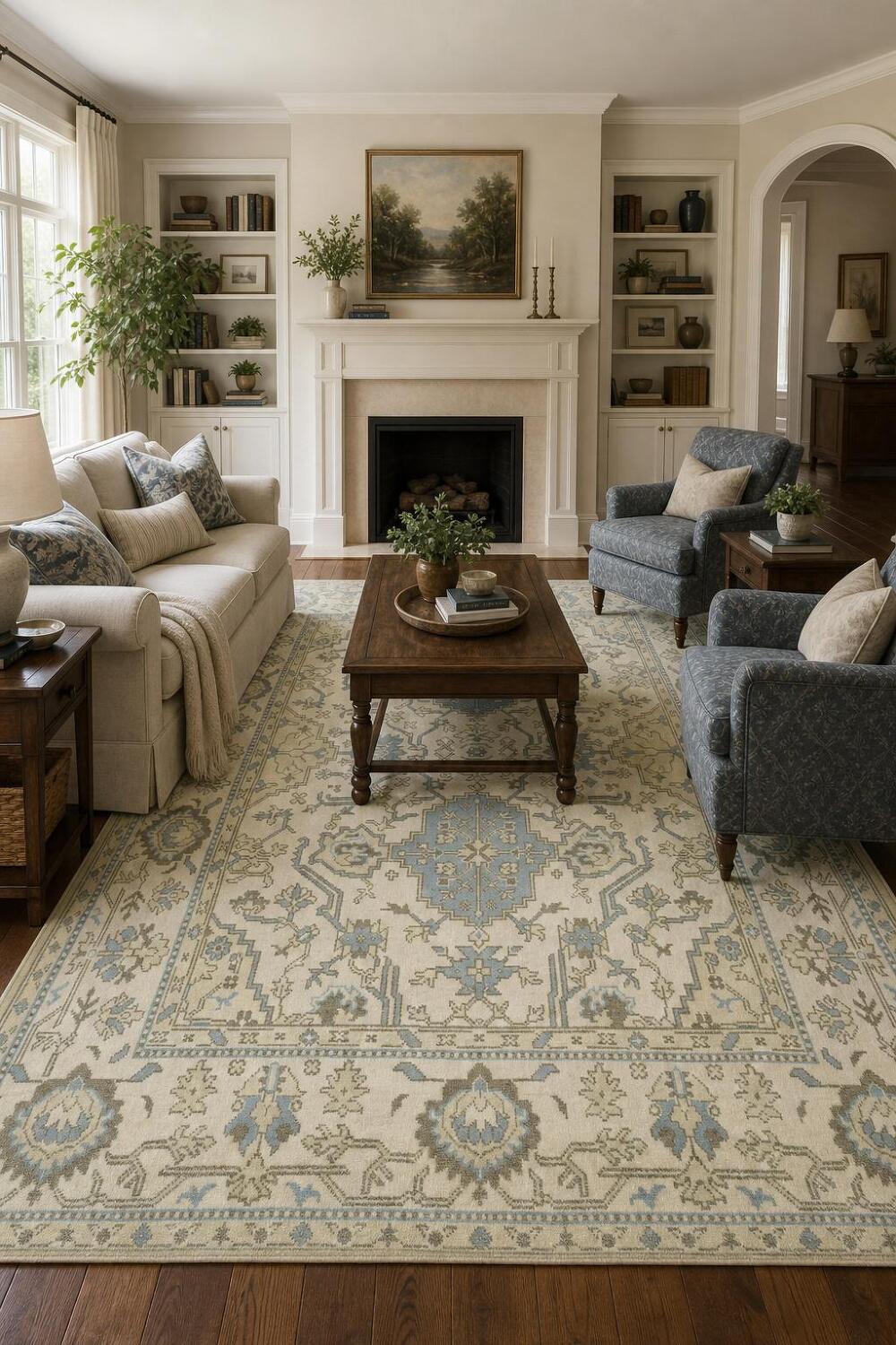 Sophisticated Traditional Rug in Cream and Blue for Elegant Spaces 8'x10'