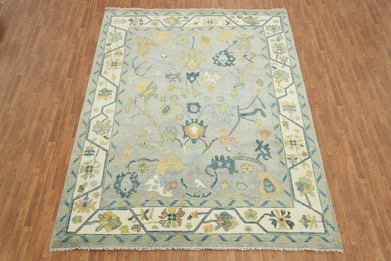 Colorful Botanical Grey Oushak Area Rug with Intricate Floral Patterns 9' x 12'