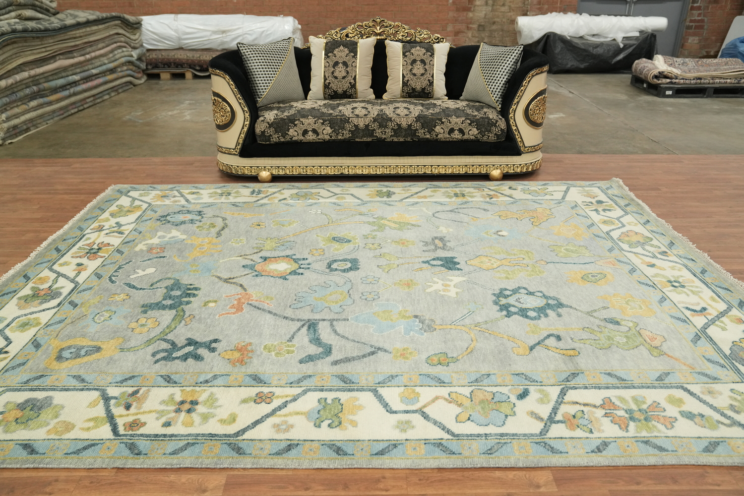 Colorful Botanical Grey Oushak Area Rug with Intricate Floral Patterns 9' x 12'