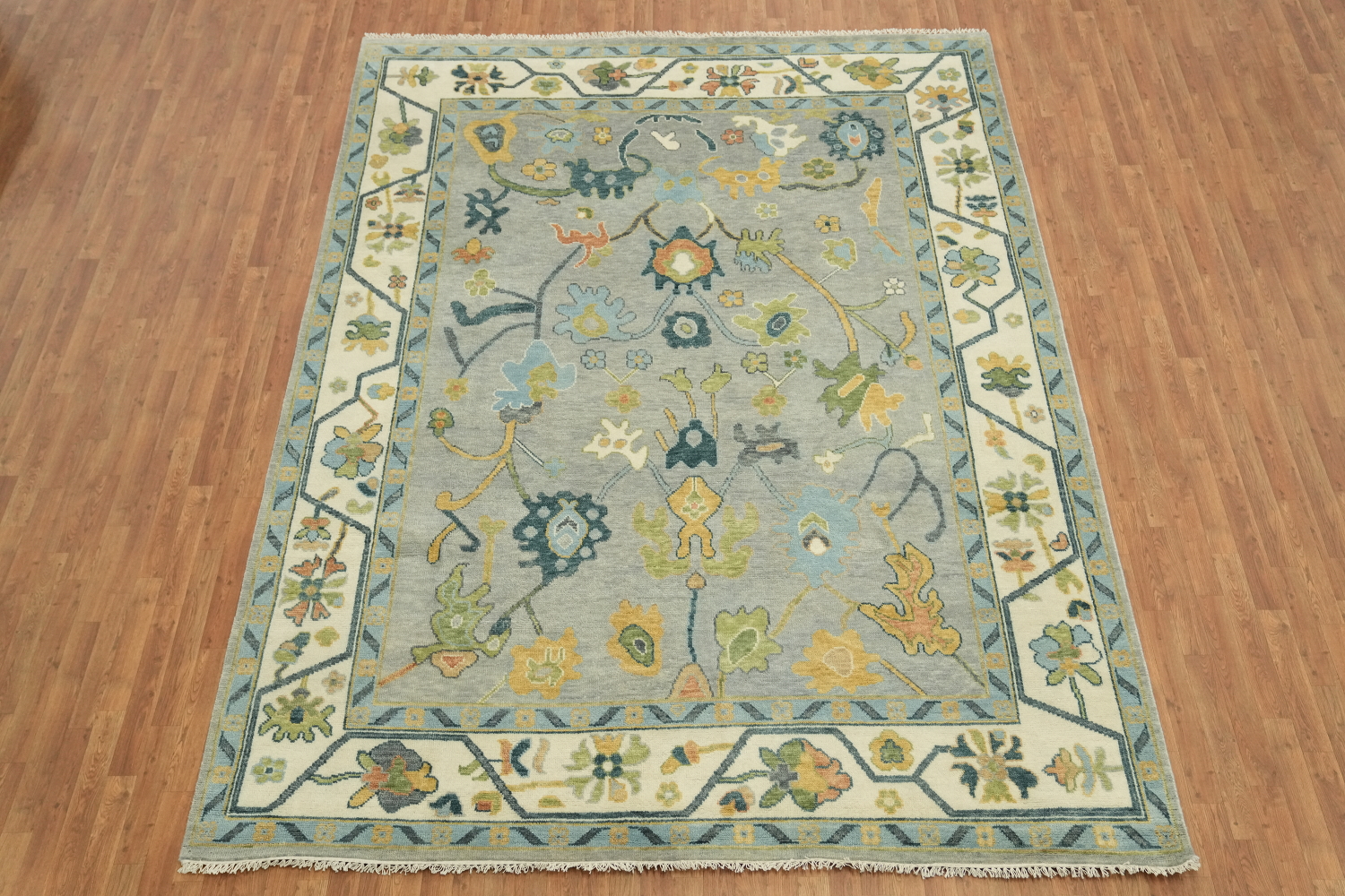 Colorful Botanical Grey Oushak Area Rug with Intricate Floral Patterns 9' x 12'