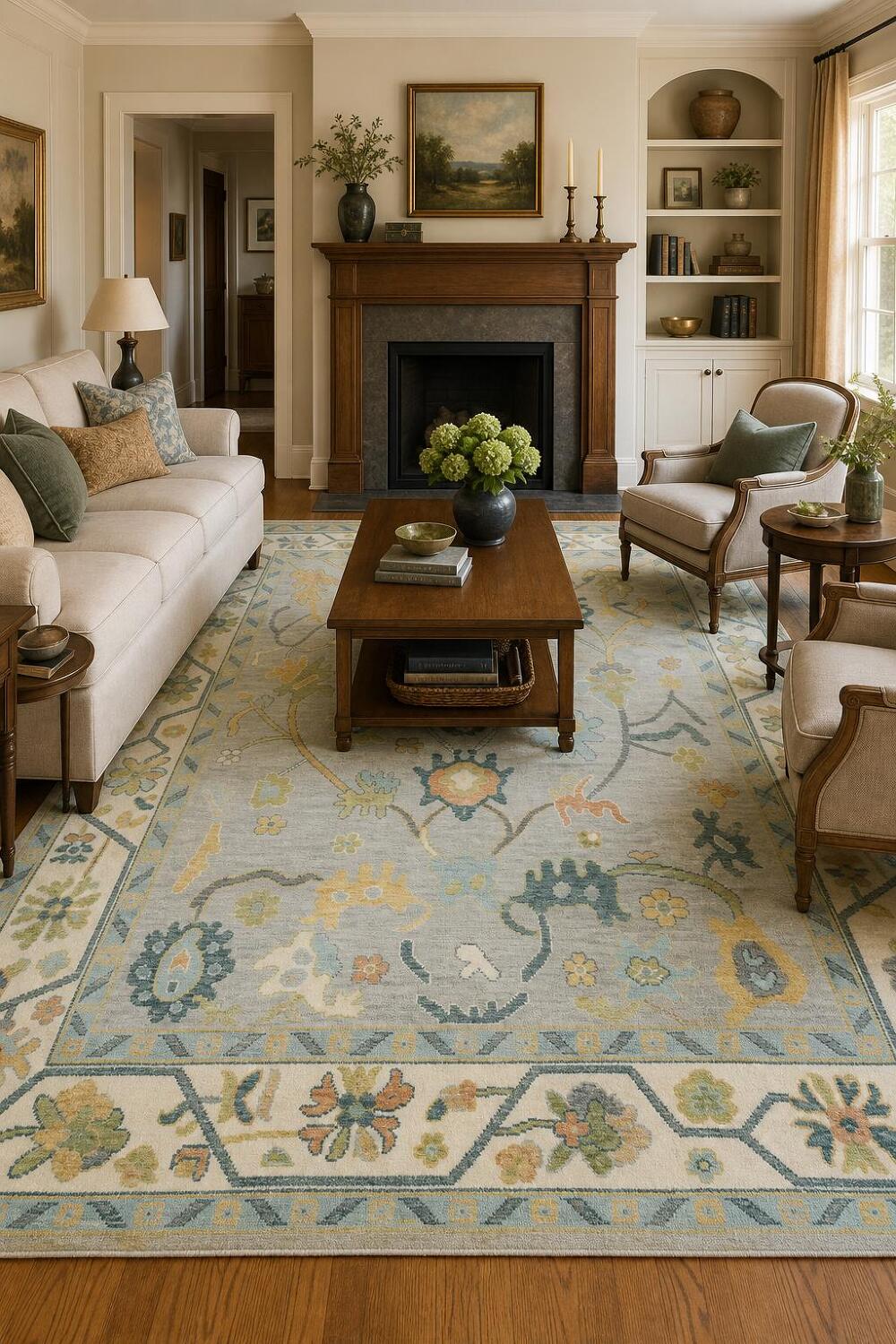 Colorful Botanical Grey Oushak Area Rug with Intricate Floral Patterns 9' x 12'