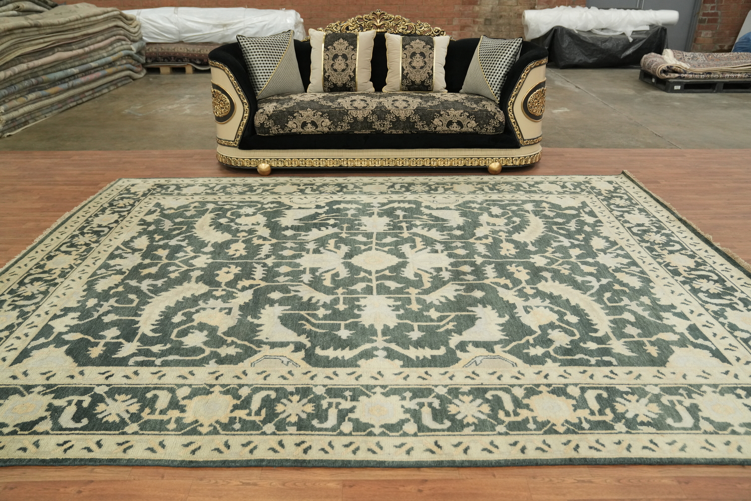 Dark Teal and Beige Traditional Oushak Hand Made Area Rug 9x12
