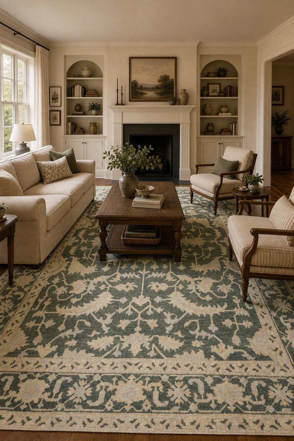 Dark Teal and Beige Traditional Oushak Hand Made Area Rug 9x12