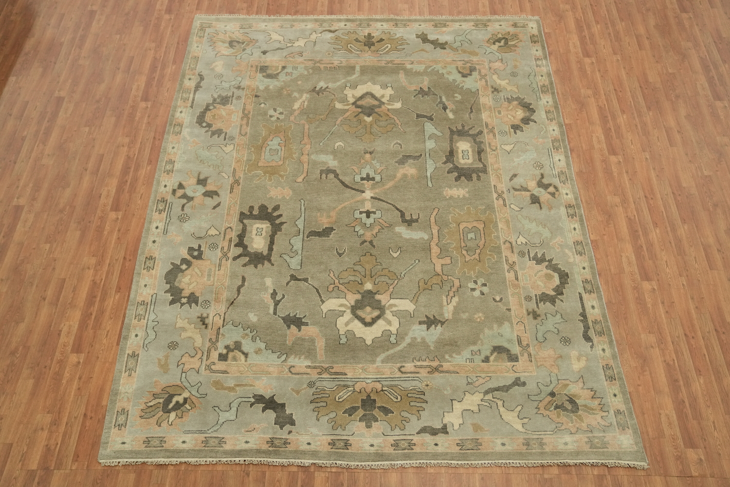 Green and Blue Traditional Oushak Hand-Knotted Wool Area Rug 9x12