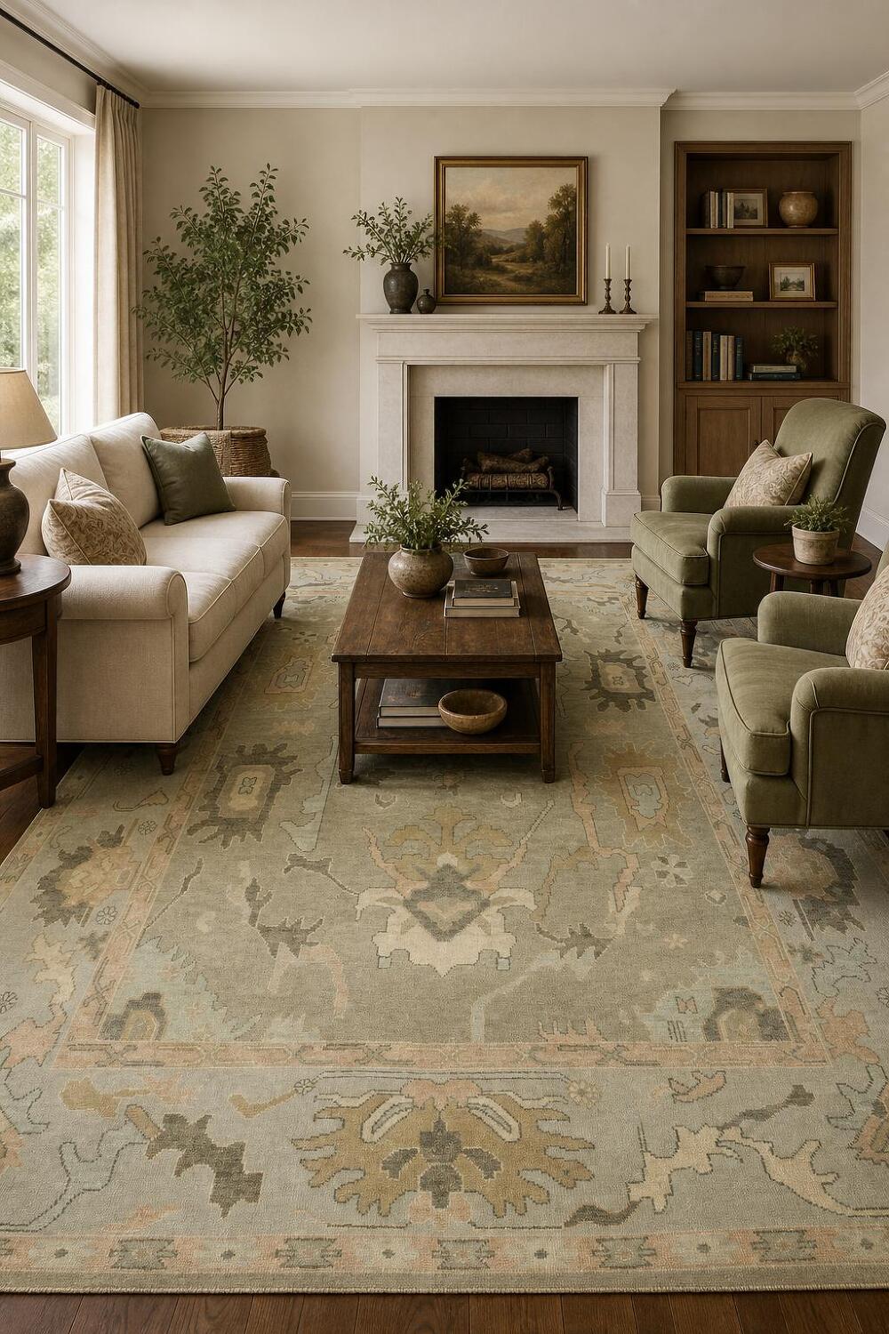 Green and Blue Traditional Oushak Hand-Knotted Wool Area Rug 9x12