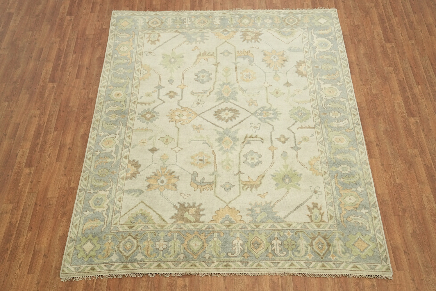 8x10 All-Over Beige and Blue Oushak Indian Rug with Soft Pastel Tones