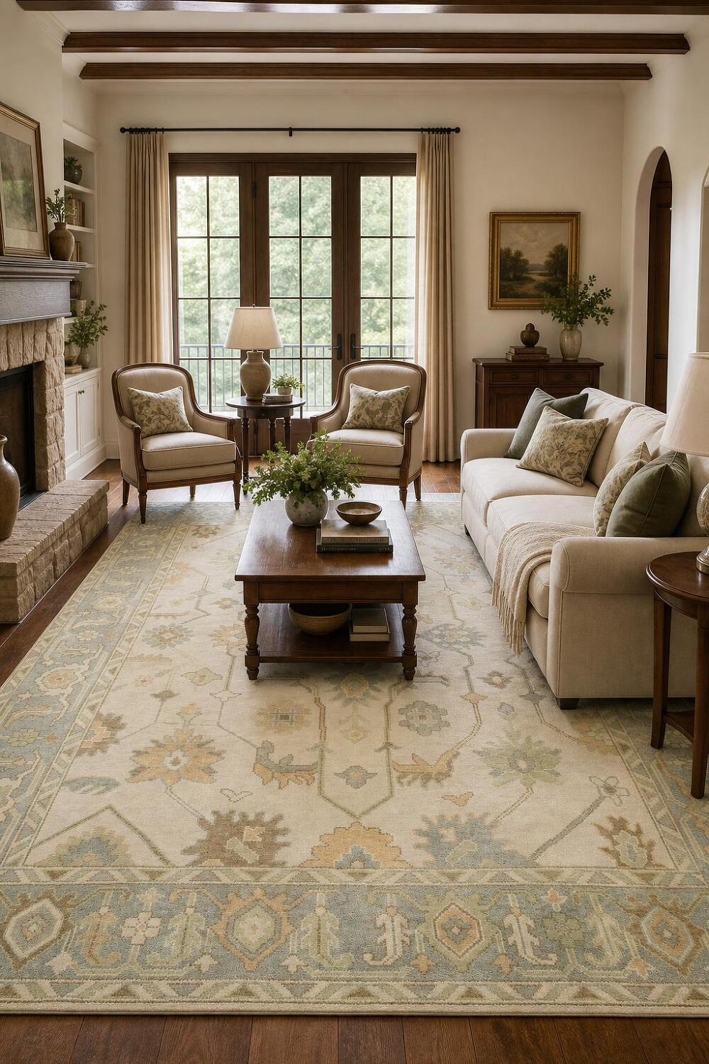 8x10 All-Over Beige and Blue Oushak Indian Rug with Soft Pastel Tones