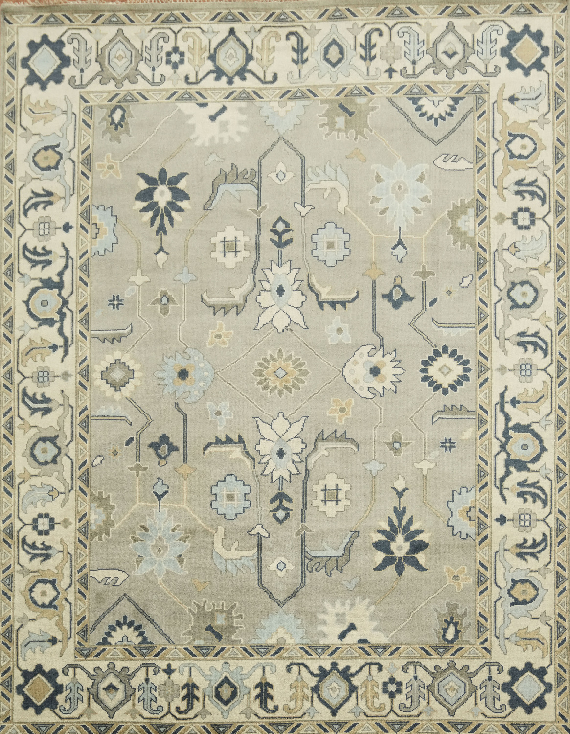 All-Over Pattern Grey and Ivory Oushak Living Room Rug 9' x 12'