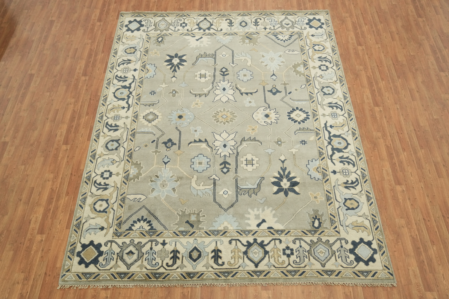 All-Over Pattern Grey and Ivory Oushak Living Room Rug 9' x 12'
