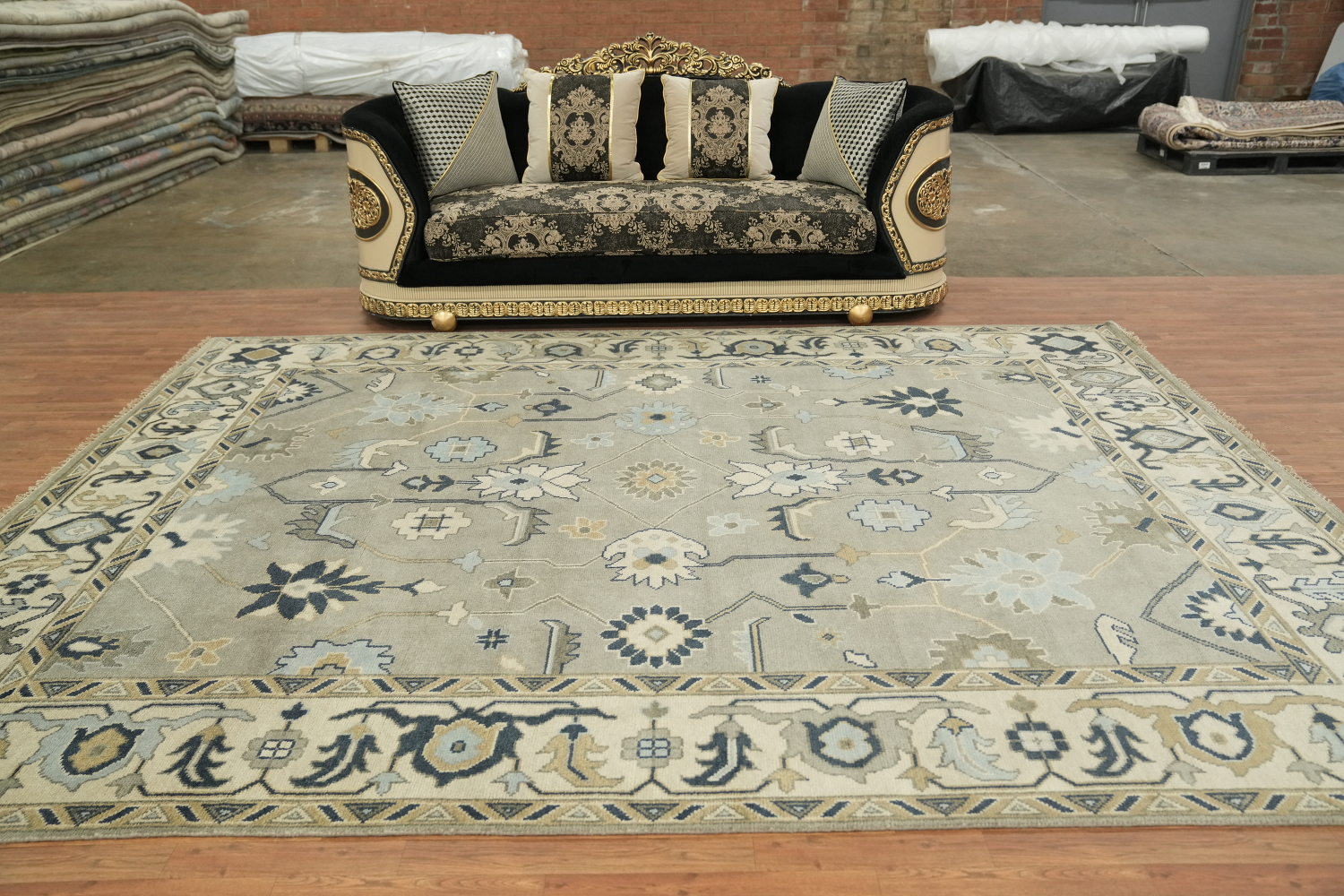 All-Over Pattern Grey and Ivory Oushak Living Room Rug 9' x 12'