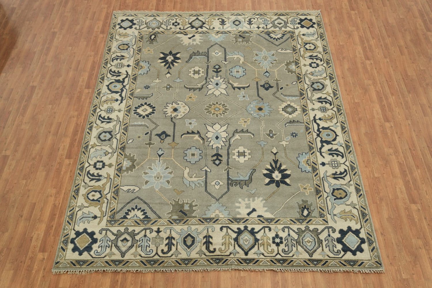 All-Over Pattern Grey and Ivory Oushak Living Room Rug 9' x 12'