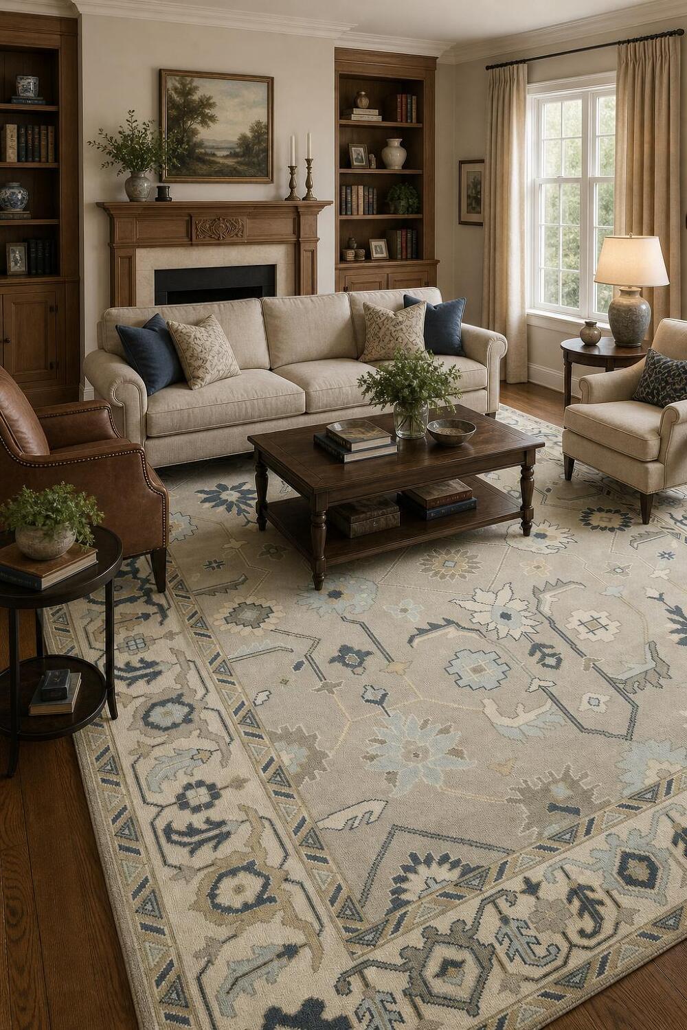 All-Over Pattern Grey and Ivory Oushak Living Room Rug 9' x 12'
