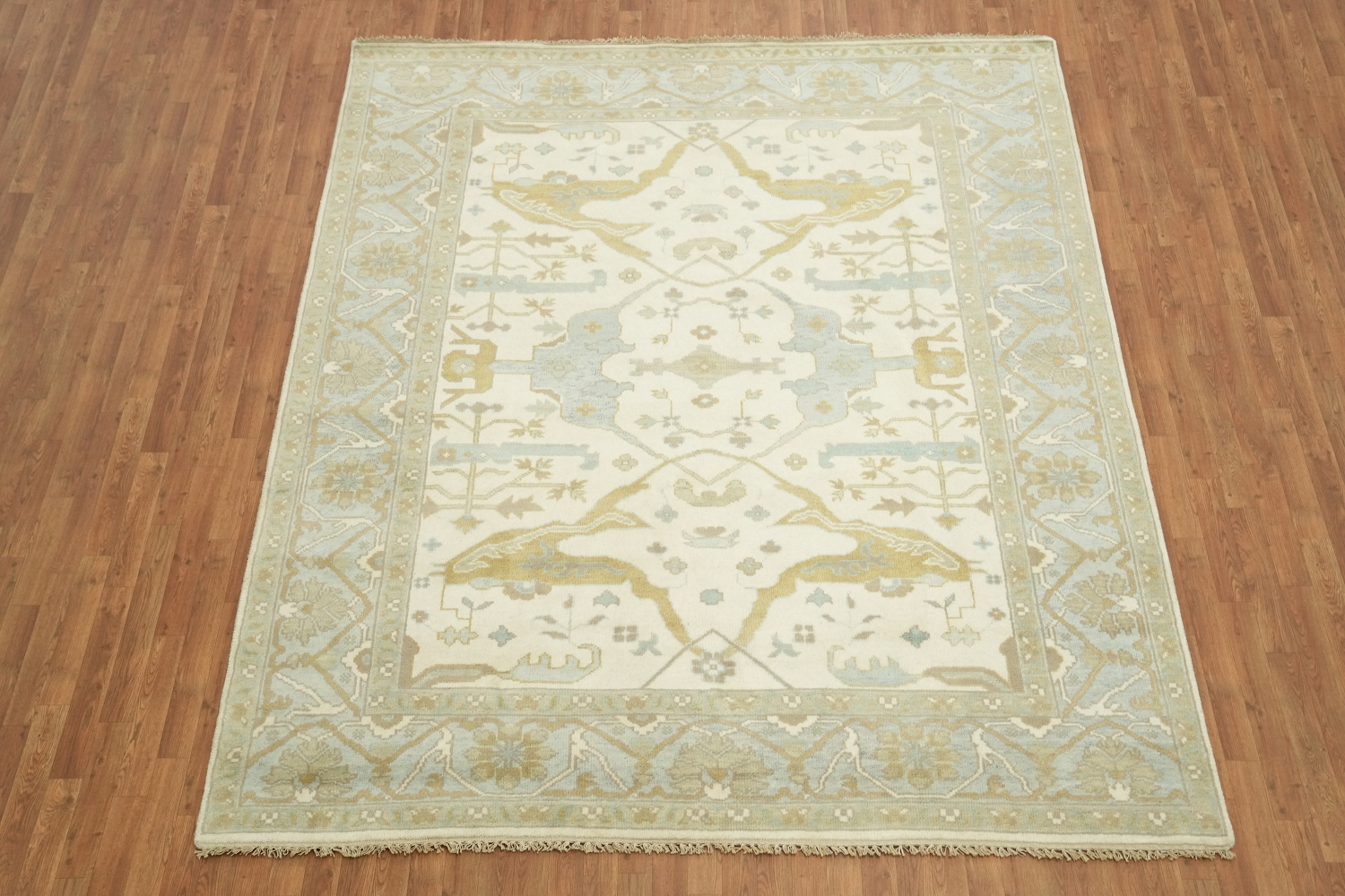 Cream and Blue Traditional Oushak Hand Made Area Rug 8x10