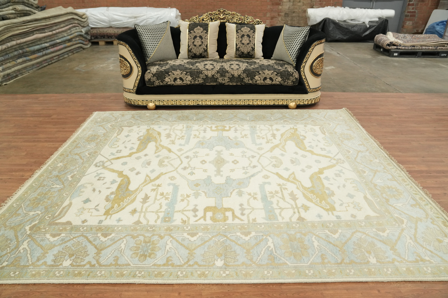 Cream and Blue Traditional Oushak Hand Made Area Rug 8x10