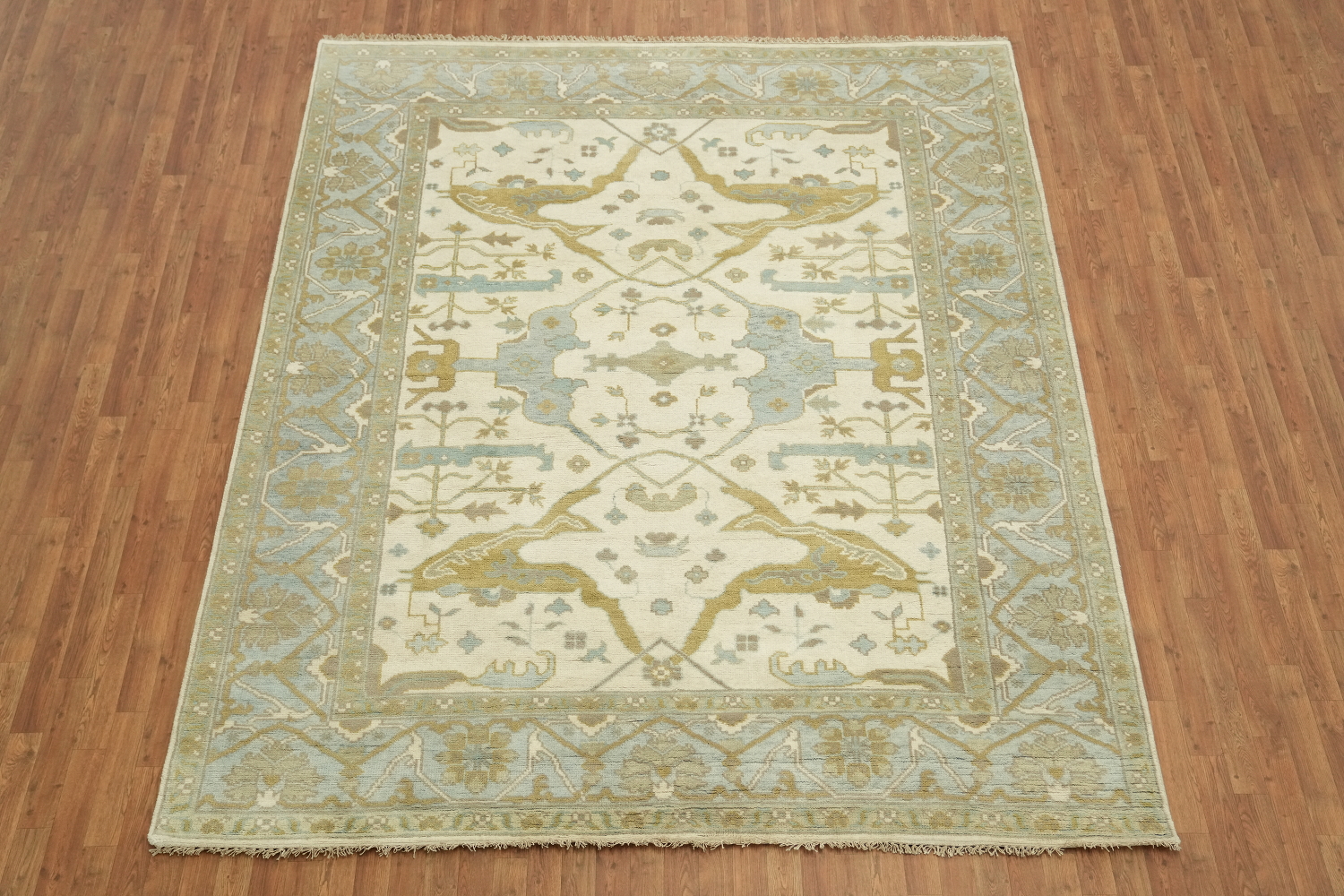 Cream and Blue Traditional Oushak Hand Made Area Rug 8x10