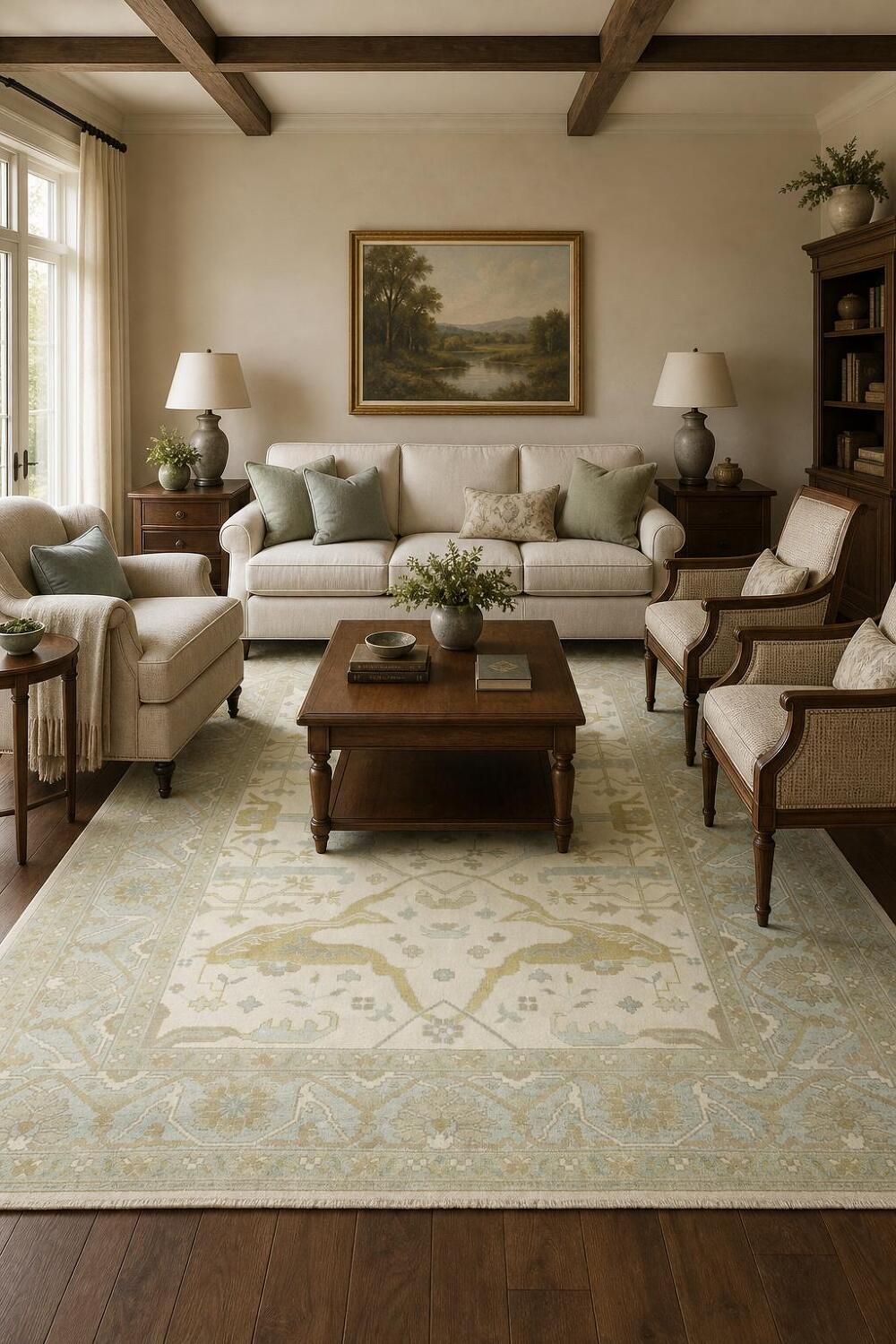 Cream and Blue Traditional Oushak Hand Made Area Rug 8x10