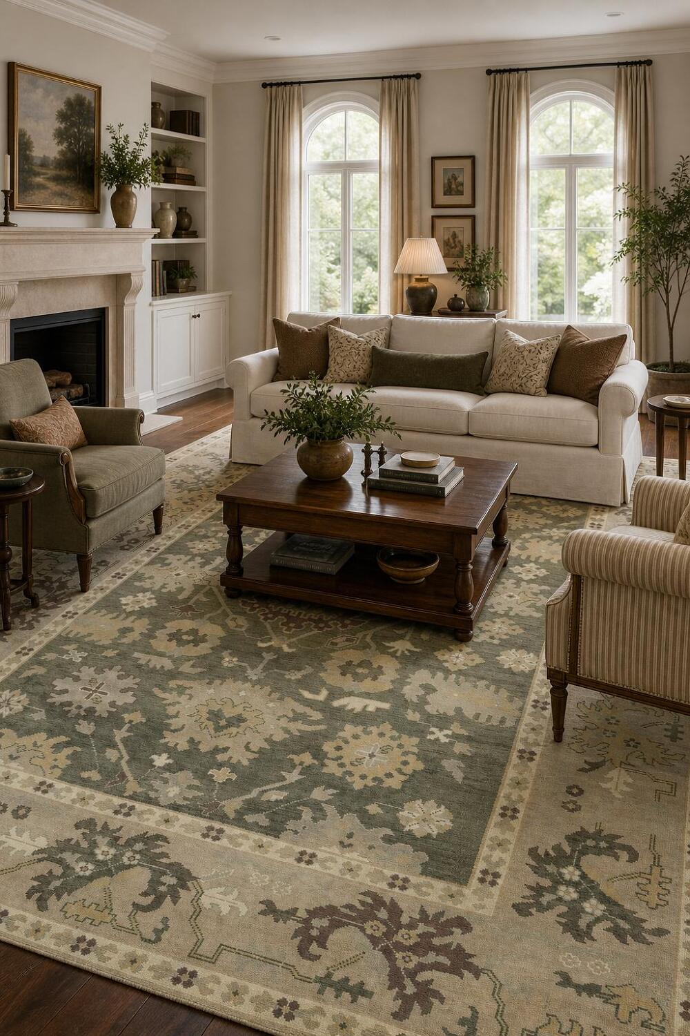 Vintage-Inspired Green and Beige Rug with Classic Floral Motifs 9x12