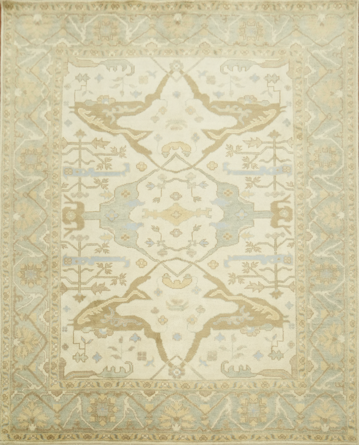 Hand-Knotted 8x10 Traditional Oushak Wool Rug - Beige & Cream