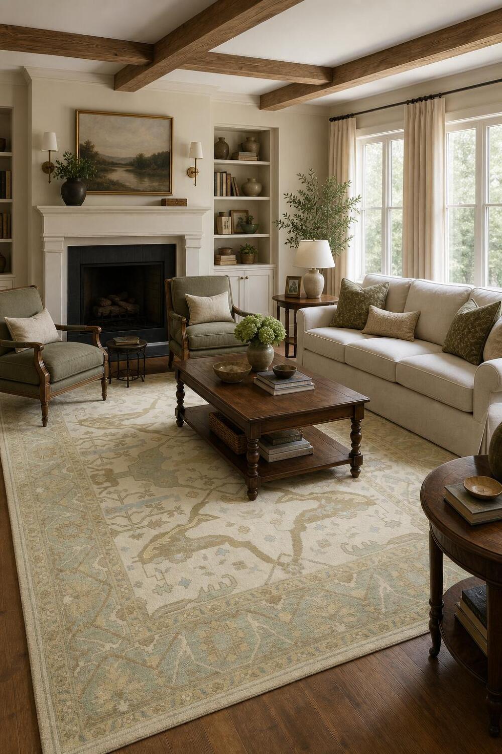 Hand-Knotted 8x10 Traditional Oushak Wool Rug - Beige & Cream