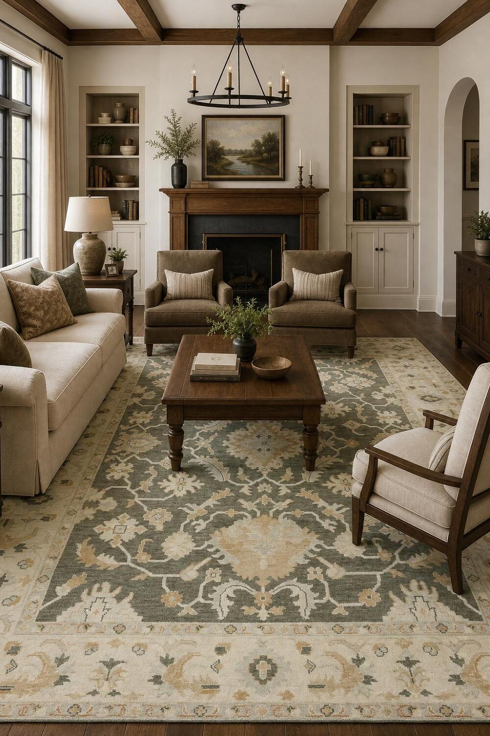 Traditional Ivory and Green Hand-Knotted Floral Pattern Rug 9x12 ft