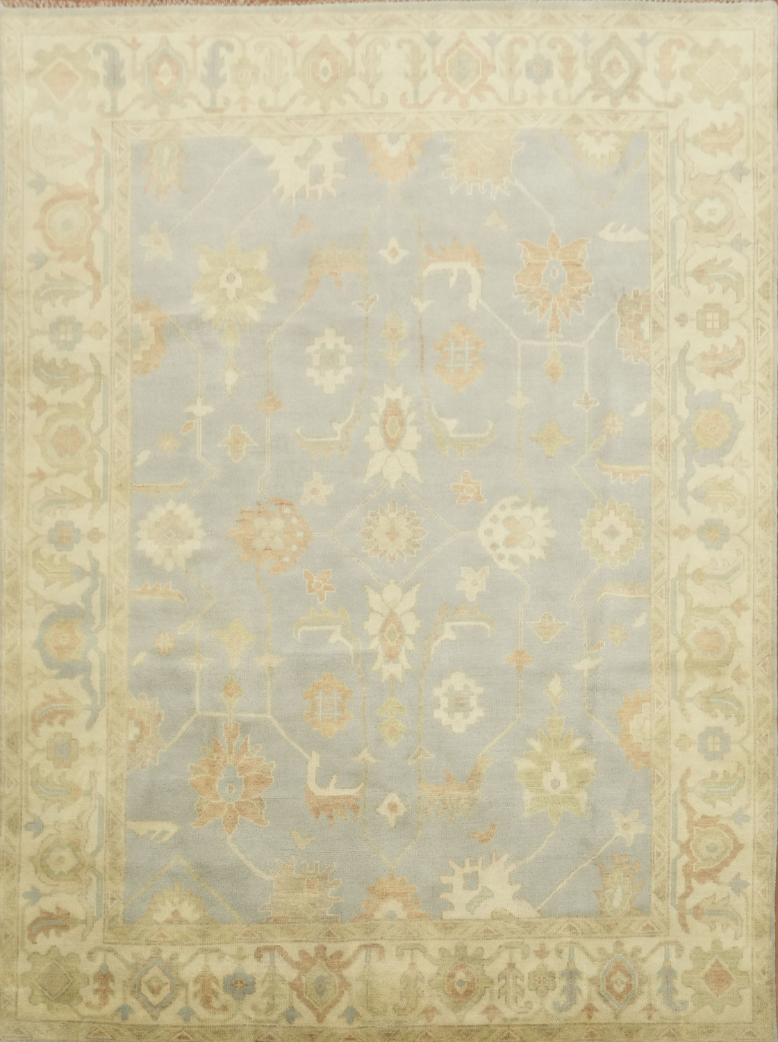 Subtle Colors Accent Light Blue and Ivory Oushak Hand-Knotted Rug 9' x 12'
