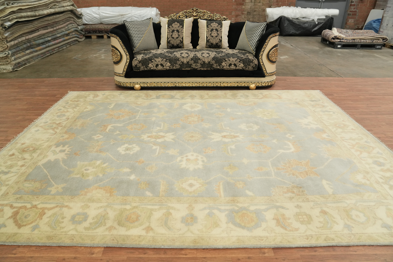 Subtle Colors Accent Light Blue and Ivory Oushak Hand-Knotted Rug 9' x 12'