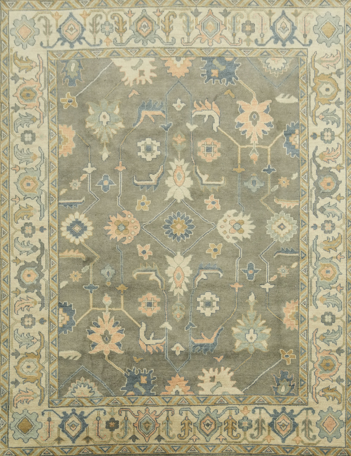 Traditional Beige and Grey Rug with Intricate Botanical Patterns 9x12 ft