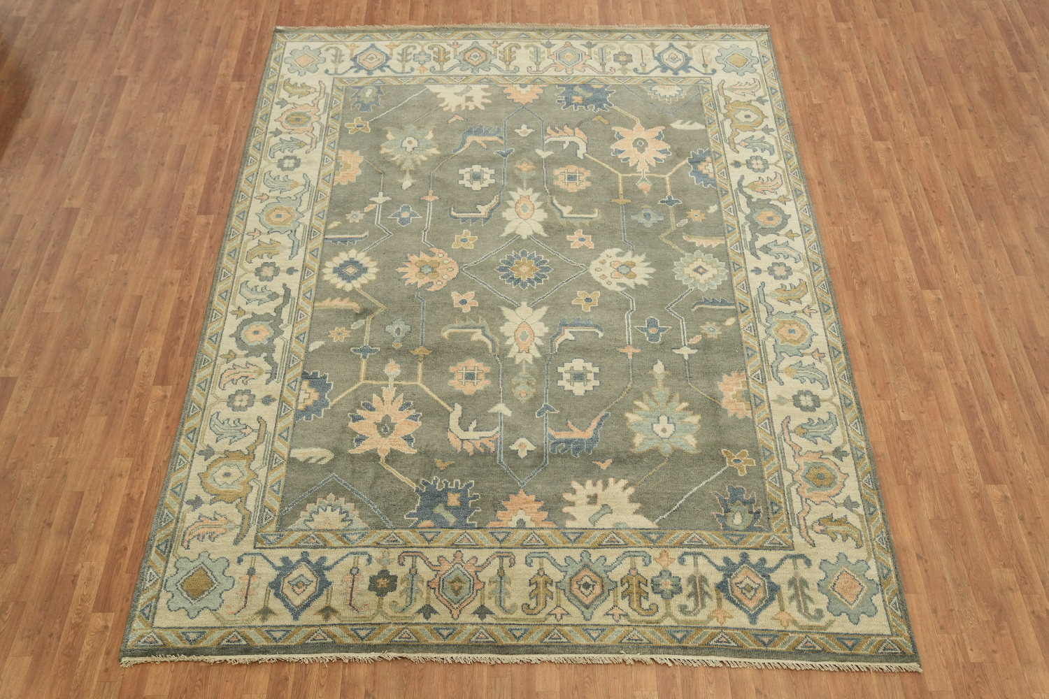 Traditional Beige and Grey Rug with Intricate Botanical Patterns 9x12 ft