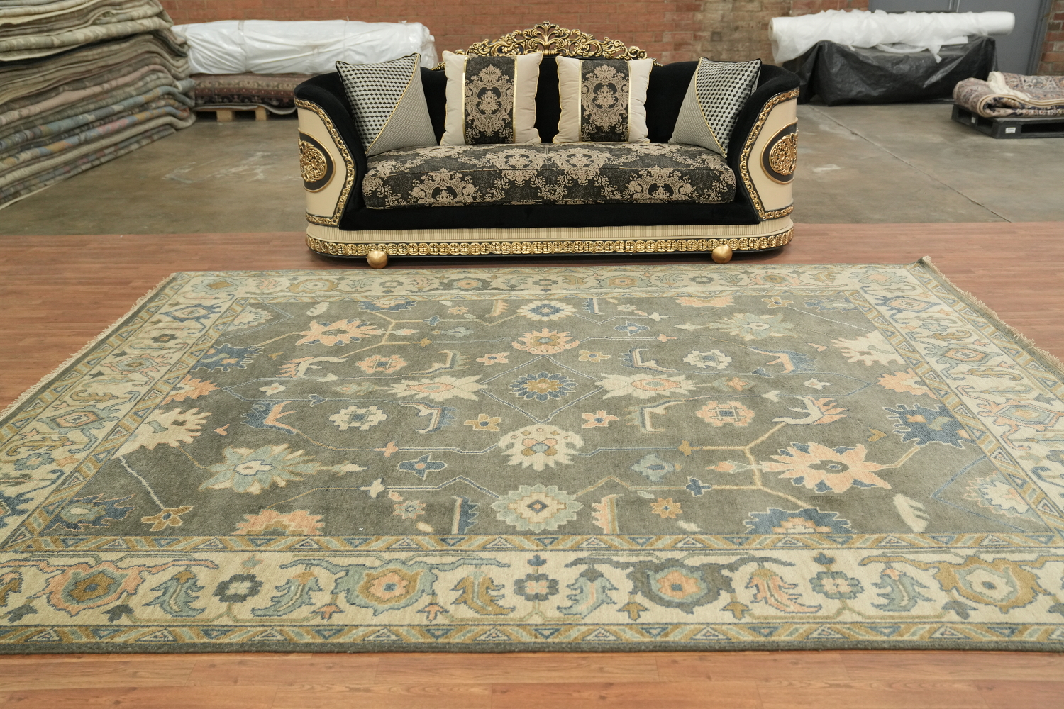 Traditional Beige and Grey Rug with Intricate Botanical Patterns 9x12 ft