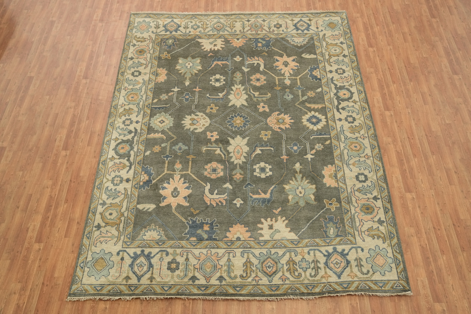 Traditional Beige and Grey Rug with Intricate Botanical Patterns 9x12 ft