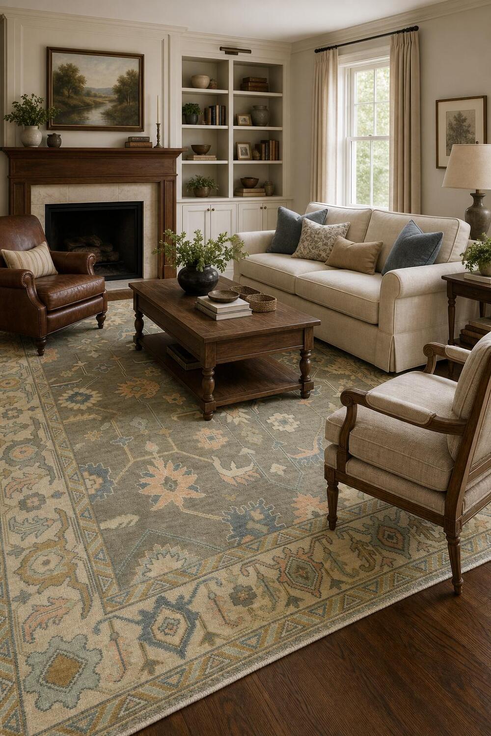 Traditional Beige and Grey Rug with Intricate Botanical Patterns 9x12 ft
