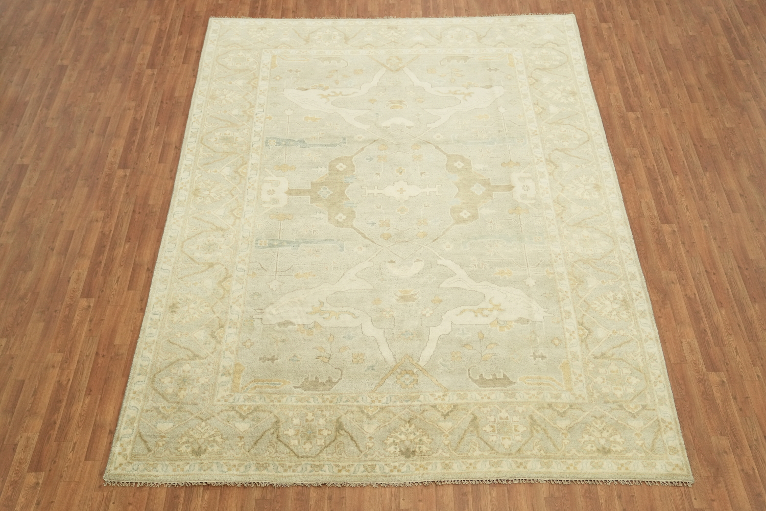 Neutral Toned Pale Blue and Ivory Oushak Hand-Knotted Rug 9' x 12'