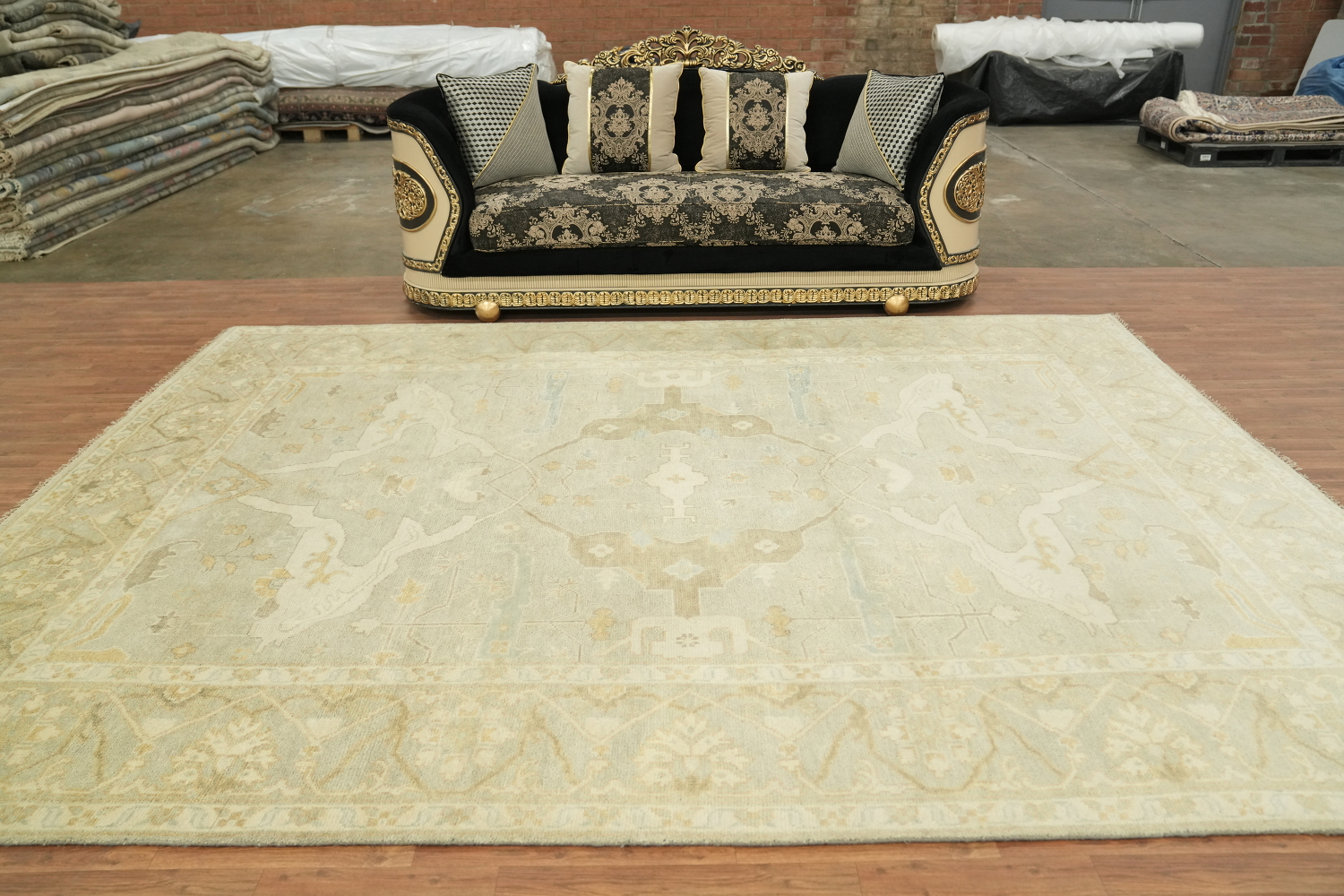 Neutral Toned Pale Blue and Ivory Oushak Hand-Knotted Rug 9' x 12'