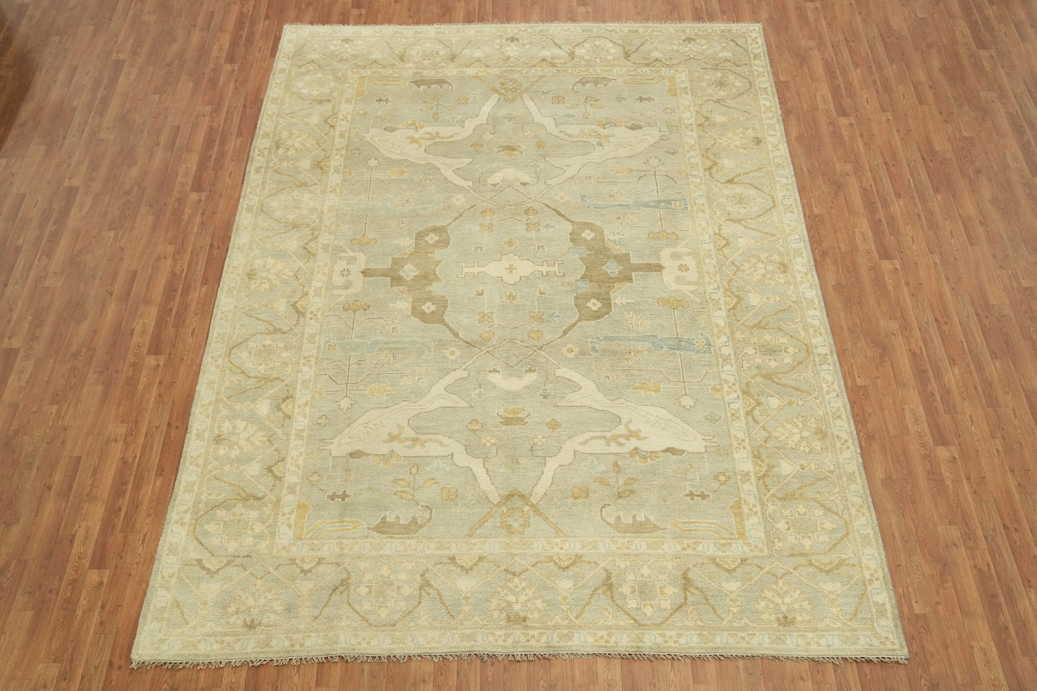 Neutral Toned Pale Blue and Ivory Oushak Hand-Knotted Rug 9' x 12'