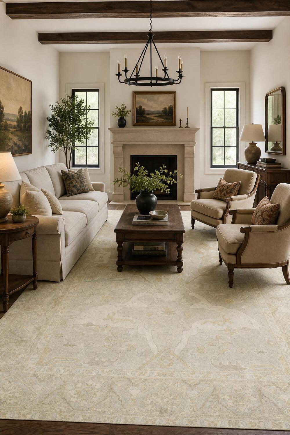 Neutral Toned Pale Blue and Ivory Oushak Hand-Knotted Rug 9' x 12'