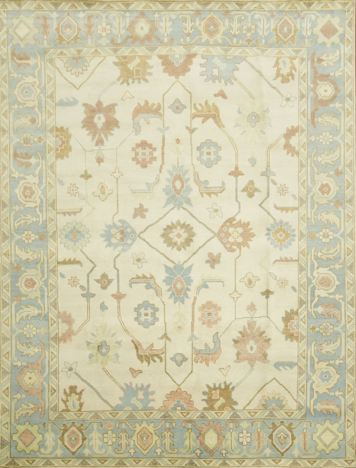 Traditional Ivory and Light Blue Oushak Hand Made Area Rug 9x12