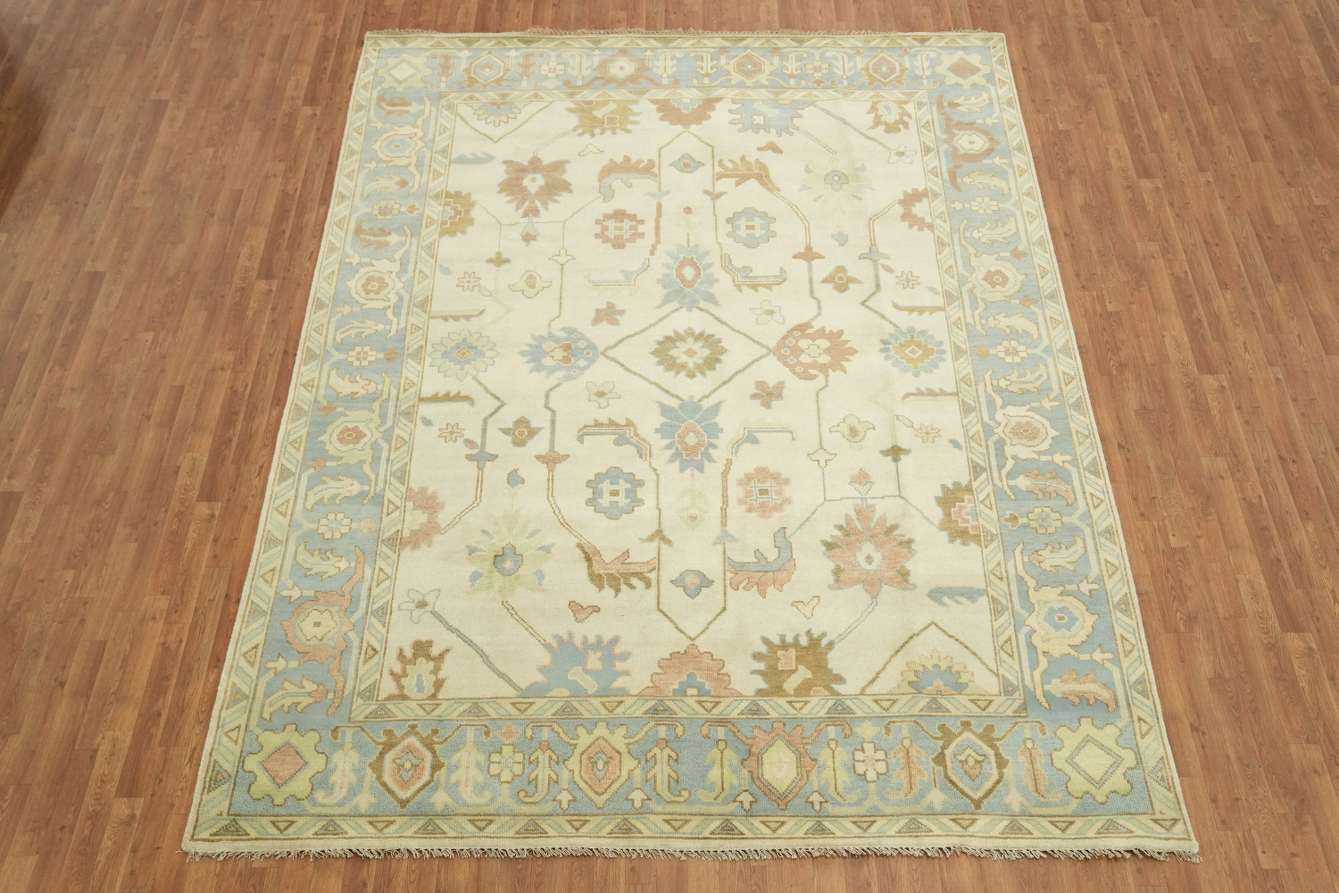 Traditional Ivory and Light Blue Oushak Hand Made Area Rug 9x12