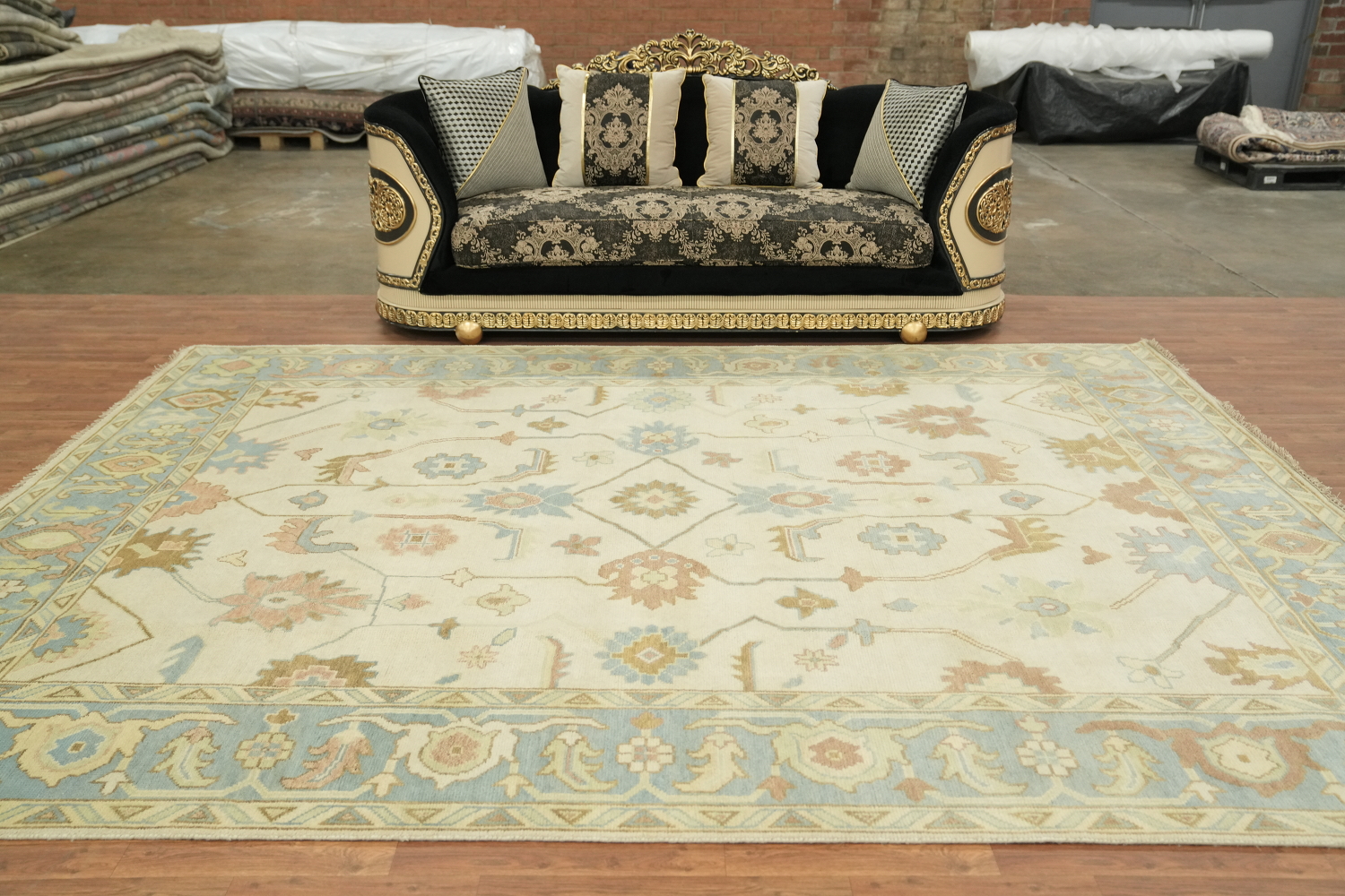 Traditional Ivory and Light Blue Oushak Hand Made Area Rug 9x12