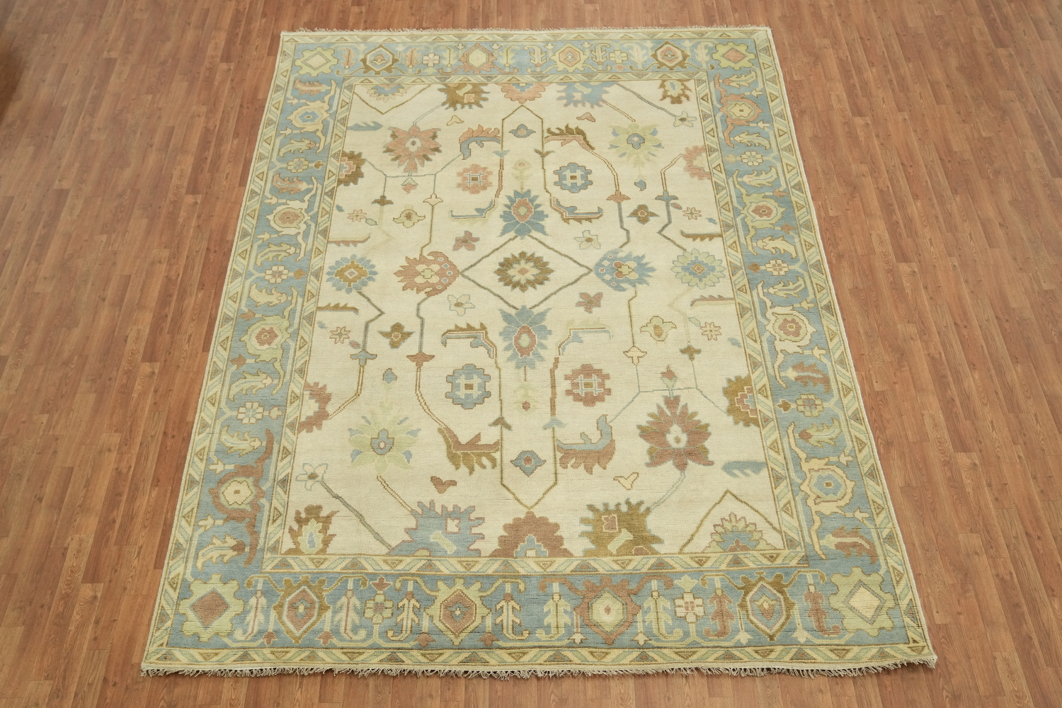 Traditional Ivory and Light Blue Oushak Hand Made Area Rug 9x12