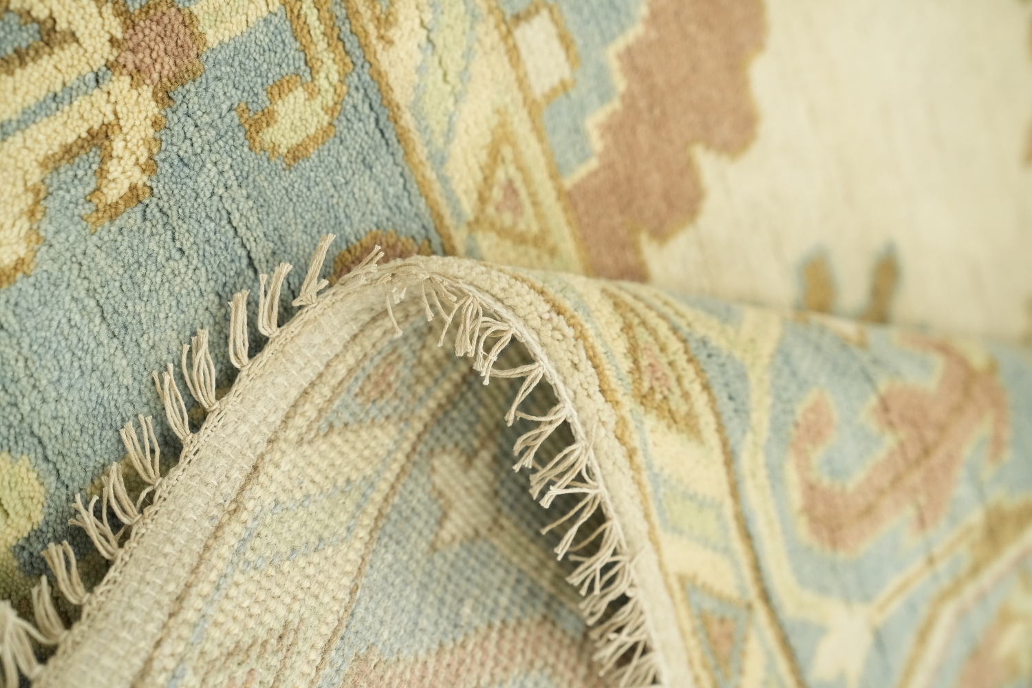 Traditional Ivory and Light Blue Oushak Hand Made Area Rug 9x12