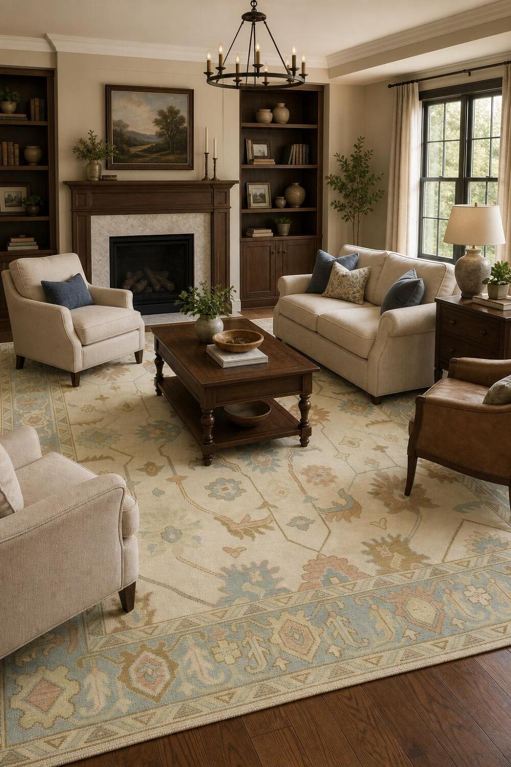 Traditional Ivory and Light Blue Oushak Hand Made Area Rug 9x12