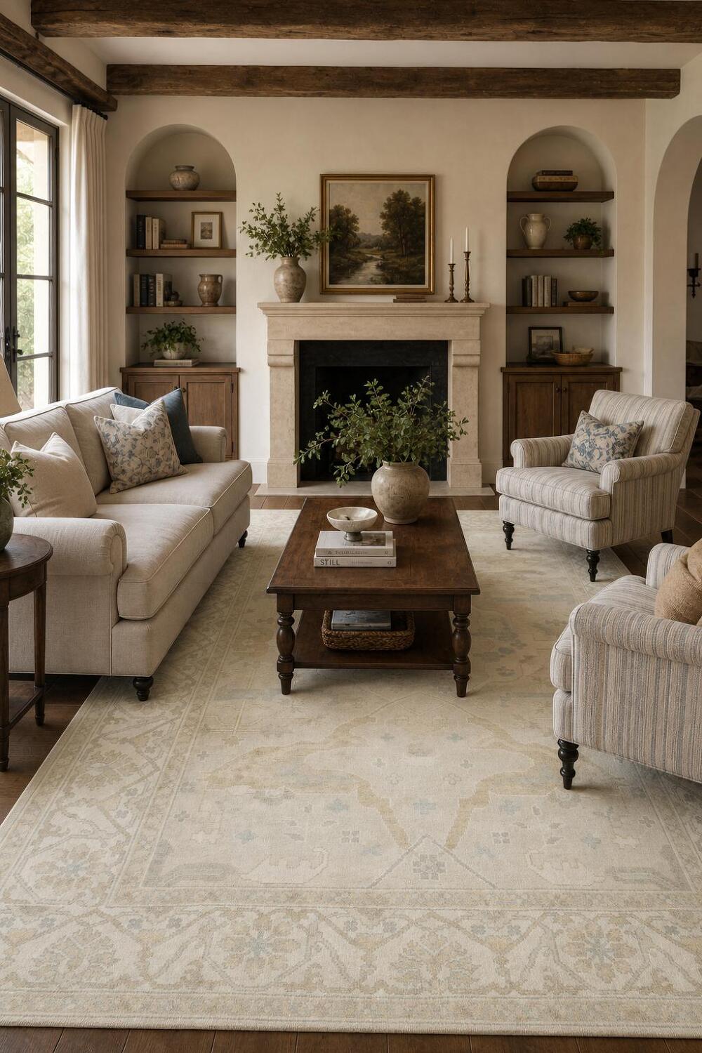 Luxurious Soft Tone Cream and Ivory Oushak Living Room Rug 9' x 12'